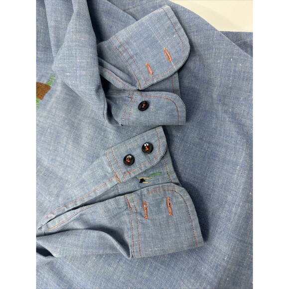 Vintage 60s/70s Hand Embroidered Chambray Shirt Palm Tree Sears Put-on Shop - Picture 6 of 14